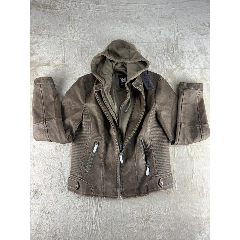 Lock & Love Womens Khaki Faux Leather Size L Moto Jacket Removable Hood NEW‎